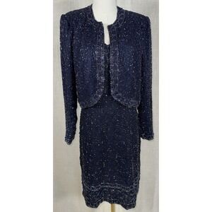 Vintage India‎ M 8 2 Piece Formal 100% Silk Navy Sequin Beaded Dress Gown Jacket